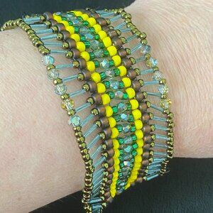 Yellow and Green Hand-Sewn Beaded Bracelet